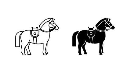Black and White Stylized Vector Illustration of Saddled Horses Icons