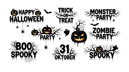 Fototapeta premium Halloween Graphic Elements: A collection of Halloween-themed graphic elements, featuring spooky phrases, pumpkin motifs, and eerie decorations, perfect for creating festive designs.