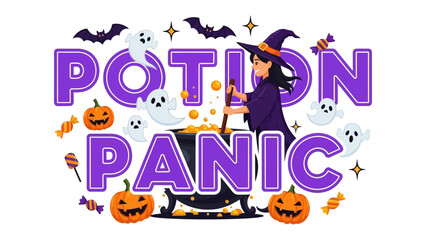 Halloween Potion Panic: Capturing the spirit of Halloween, this illustration features a cauldron of bubbling potion, surrounded by pumpkins, ghosts, and bats.