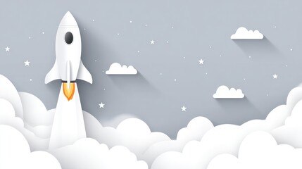 White rocket ship ascending above clouds in a grey sky