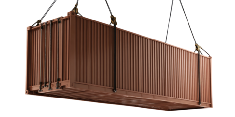 Brown shipping container hoisted by crane