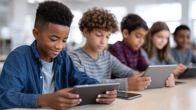 A diverse group of children focused on their tablets in a bright classroom. The mood is collaborative and educational, showcasing technology in learning.