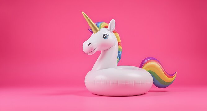 Illustration of a colorful inflatable unicorn pool float on pink background