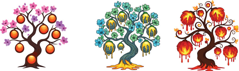 Fantasy fruit trees with blossoms, glowing fruits, dripping honey and fire effects, surreal botanical artwork for magical nature illustration.