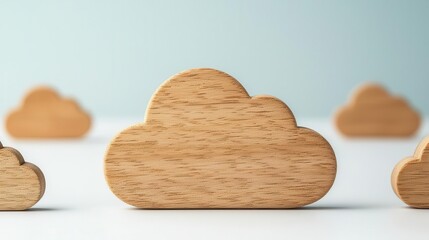 Cloud server shapes carved from wood on clean white surface, cloud computing concept