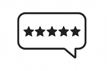 Speech bubble icon displaying five stars for customer review, client feedback, and product quality rating