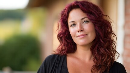 Naklejka premium A cheerful woman with curly red hair smiles warmly in a natural outdoor setting, conveying confidence and positivity.