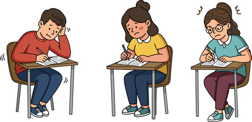 Cartoon students writing exams in classroom, educational vector illustration of kids sitting at desks, studying, learning, school test, academic design © Nobin Creatives