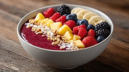 A vibrant acai bowl topped with assorted fresh fruits, granola, and coconut flakes, perfect for a healthy breakfast or snack.