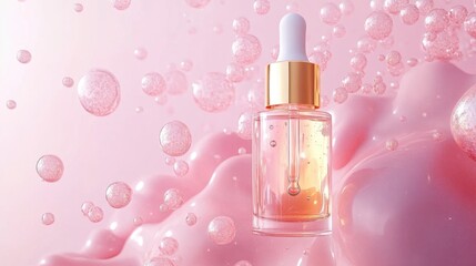 Hyaluronic acid serum bottle with golden and pink bubbles- on a soft pink background- representing skincare- beauty- and hydration.