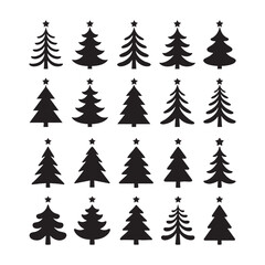 20 Black Christmas Tree Silhouettes with Stars Vector Set