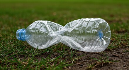 Crushed plastic water bottle lying discarded on green grass, highlighting environmental pollution and waste impact