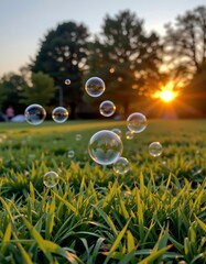 Serene Sunset Scene with Bubbles and Trees