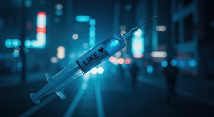 Craving digital validation, a syringe filled with liquid labeled 'LIKE' and a heart hovers over a blurred, neon-lit city street, symbolizing addiction to social media approval.