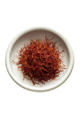 Naklejka premium Dried saffron threads in shallow white bowl