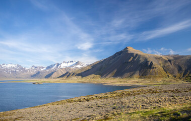 blue waters green mountains and blue sky, Kolgrafarfj&ouml;rdur, Snaefellsnes Peninsula, West Iceland