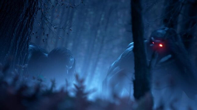 Ghostly spirits with glowing red eyes lurking in a dark forest at night