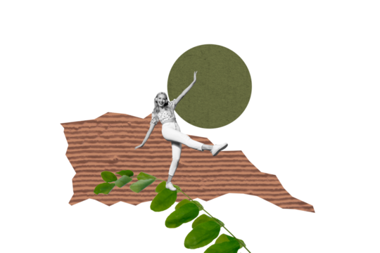 Creative photo collage young cheerful woman step go walk green leaves nature environment positive mood smile happiness drawing background