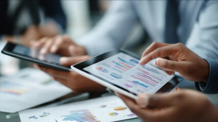 Business team members analyzing financial data on tablets during a meeting in an office. - Powered by Adobe