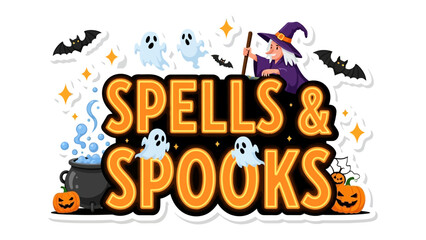 Spells & Spooks: Halloween-themed graphic featuring witches, ghosts, and pumpkins. This whimsical artwork captures the enchantment of Halloween season.