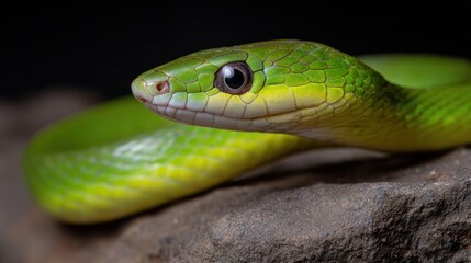 Obraz premium Green snake portrait on stone wildlife photography dark background