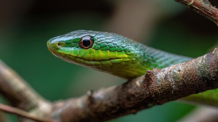 Obraz premium Green snake perched on tree branch wildlife close up shot natural habitat