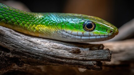 Vibrant green snake resting on a wooden branch macro close up portrait