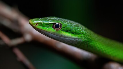 Fototapeta premium Green snake close up portrait on branch with textured scales and dark background