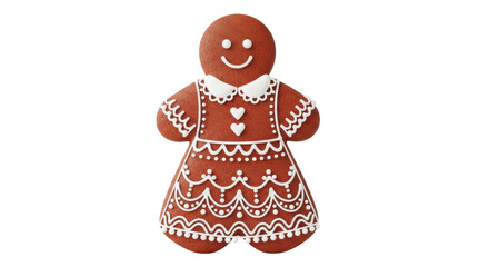Isolated gingerbread woman cookie, detailed white sugar icing design, Christmas treat