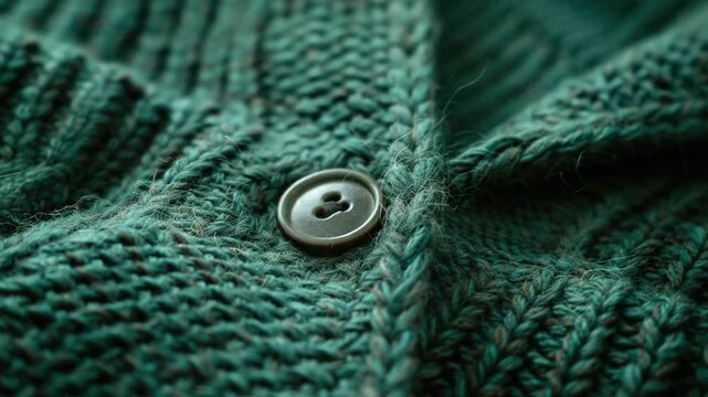 Video clip Close-up of a green sweater with a prominent button, ideal for showcasing clothing details or adding texture to an editorial layout