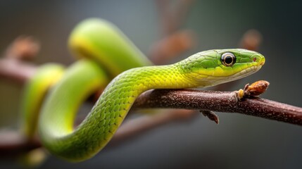 Vibrant green snake coiled on branch close up isolated nature wildlife