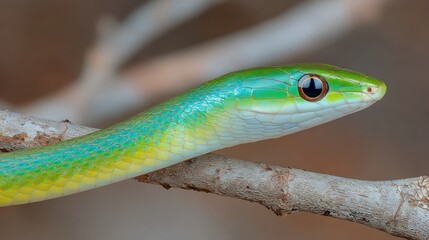 Vibrant green snake on branch detailed close up natural environment