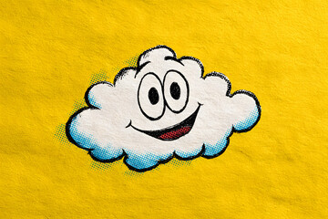 bright fluffy cloud with comic style eyes and smile illustrated in a cheerful colorful pop art inspired design