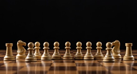 Strategic formation of light wooden chess pieces on a polished board, symbolizing planning, intellect, and competition in a dramatic low-key setting