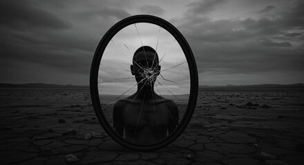 Distorted reflection in cracked mirror reveals fractured identity amidst desolate landscape under stormy skies, symbolizing inner turmoil and existential crisis