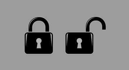 Lock and Unlock Icons Vector – Black Padlock Silhouettes on Grey Background, Minimal Security Symbol Illustration Set