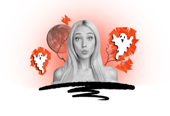Composite artwork collage of happy halloween poster spooky season party decor ghost young woman face emoji grimace model kiss attractive