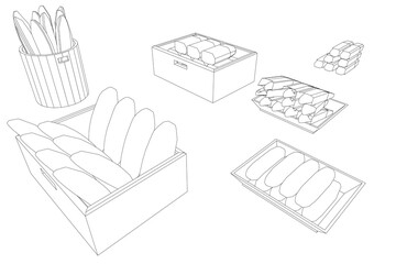 Black and white bakery products set with contour outline. Various bread types fill the box, featuring a central loaf. This illustration is ideal for packaging and branding.