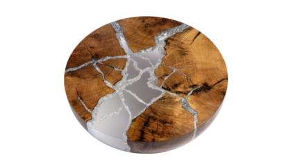 Circular wooden coffee table top, resin-filled cracks