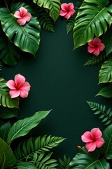 Tropical Foliage with Pink Flowers Dark Green Background