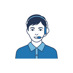 Smiling man wearing headset provides customer service support in office environment, offering assistance and solutions with friendly and professional demeanor.