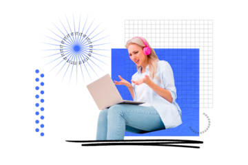 Photo collage young woman laptop digital device confused reaction remote work programmer software developer headphones customer support