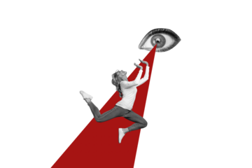 Composite creative art collage of happy girl jump ray eyeball beam control spy vision stalker influence isolated on painted background