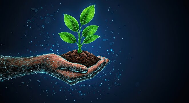 Nurturing innovation and growth with a vibrant digital hand carefully holding a flourishing green plant, symbolizing new beginnings and future success in a connected world