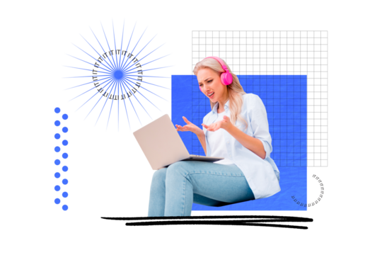 Photo collage young woman laptop digital device confused reaction remote work programmer software developer headphones customer support