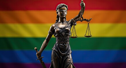 Symbol of justice Lady Justice statue stands against vibrant rainbow flag background advocating for equality and rights for all.