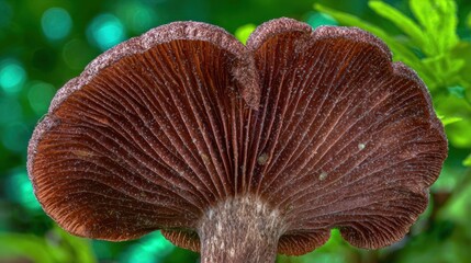 Fototapeta premium Detailed close up of a brown mushroom underside with textured gills