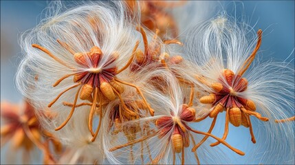 Close up of fluffy seed pods with delicate structures against a blurred background