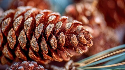 Close up of a detailed pine cone with textured scales and warm tones