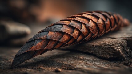 Close up of a pangolin showing scales texture and detail against natural background